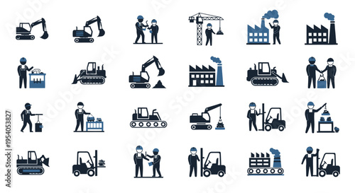 Extensive Collection of Construction and Industrial Silhouette Icons in Blue on Isolated White Background