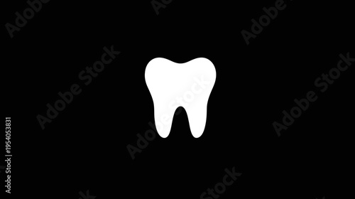 A simple, white molar silhouette centered on a stark black background