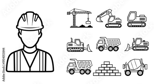 Construction Site Outline Icons: Worker, Heavy Machinery, and Building Materials Set on Isolated White Background
