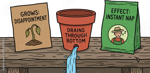 Gardening supplies including seed packets and a cracked flower pot demonstrate concepts of disappointment and instant effects.