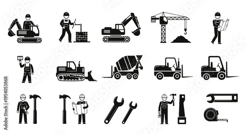 Construction Industry Icons Set: Workers, Heavy Machinery, and Tools in Silhouette on Isolated White Background