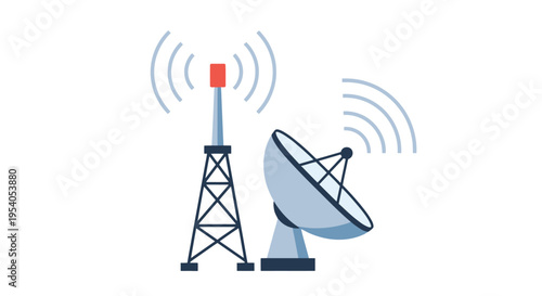 Communication Tower and Satellite Dish Emitting Wireless Signals on Isolated White Background