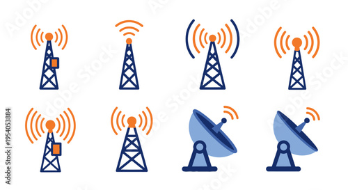 Collection of Communication Tower and Satellite Dish Icons with Signal Waves on Isolated White Background