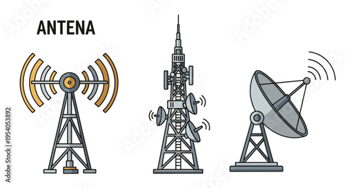 Set of Radio and Satellite Communication Towers with Signal Waves on Isolated White Background