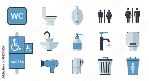 A collection of blue and grey bathroom and public restroom icons including toilet, urinal, sink, soap, faucet, hairdryer, WC, and accessibility signs.