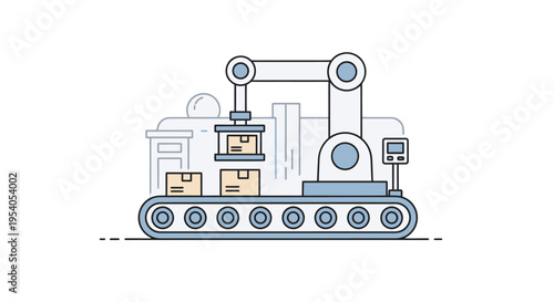 Automated factory production line with robotic arm placing packages on a conveyor belt, illustrating modern industrial manufacturing and logistics.