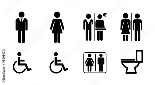 A collection of black and white restroom and accessibility icons, including male, female, gender-neutral, disabled, and toilet symbols.