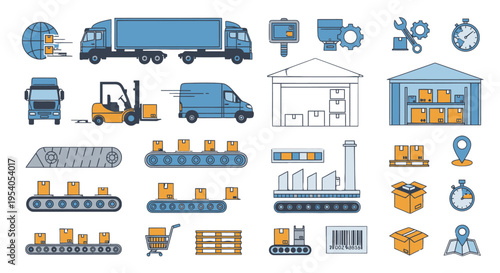 A comprehensive set of logistics and supply chain icons, including trucks, warehouses, forklifts, conveyor belts, and shipping elements.