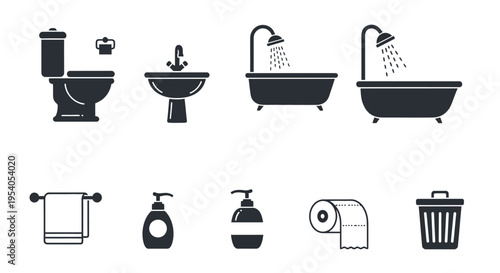 Set of black bathroom and hygiene icons including toilet, sink, bathtub, towel, soap, toilet paper, and trash can, isolated white background.