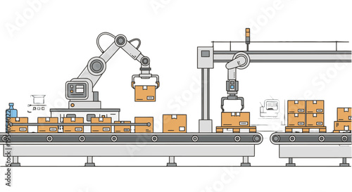Automated factory production line with robotic arms handling cardboard boxes on conveyor belts for packaging and logistics.