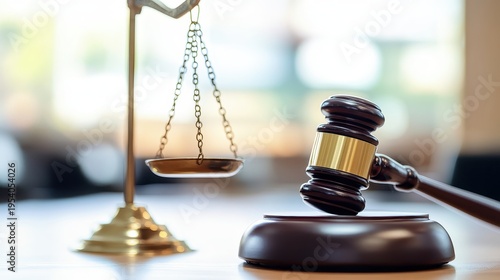 Gavel and Scales of Justice Symbolizing Legal Proceedings and Fair Judgment in a Courtroom Setting