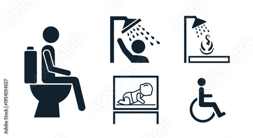 A collection of six black and white pictograms representing various public facilities including toilet, shower, baby changing station, and wheelchair accessibility.