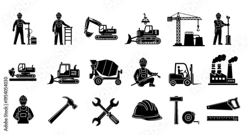 Collection of black silhouette icons representing construction workers, heavy machinery, industrial buildings, and various hand tools.