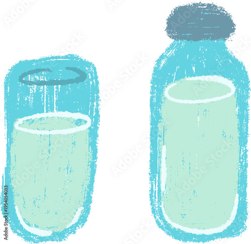 Simple hand drawn vector illustration of glass and bottle of fresh milk featuring soft blue crayon texture and naive style. Children naive art for book or game.
