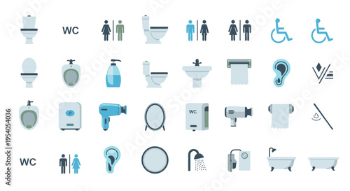 Collection of flat design icons for public restrooms, bathrooms, and hygiene facilities, including toilets, urinals, sinks, and accessibility symbols.