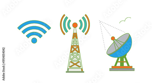 Icons representing various wireless communication technologies including Wi-Fi, cellular towers, and satellite dishes for broadcasting.