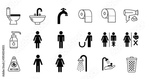 Collection of black and white icons for public restrooms, hygiene, and personal care, featuring toilets, sinks, soap, hand dryers, gender signs, showers, and waste bins.