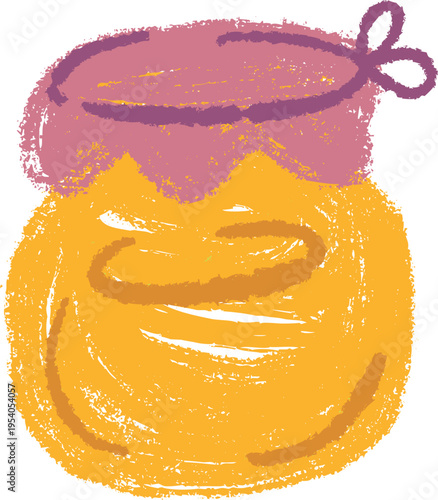 Cute hand drawn jar of honey or fruit jam with decorative purple fabric cover, rendered in colorful crayon texture. Naive childlike vector illustration for book or game.