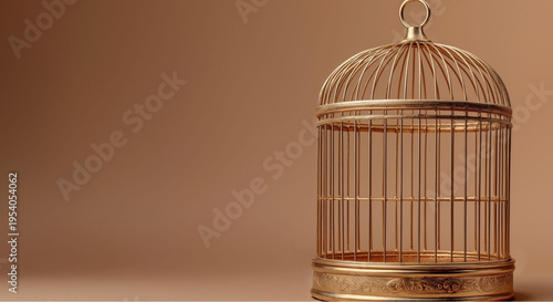 Empty gold birdcage with open door on beige background symbolizing freedom