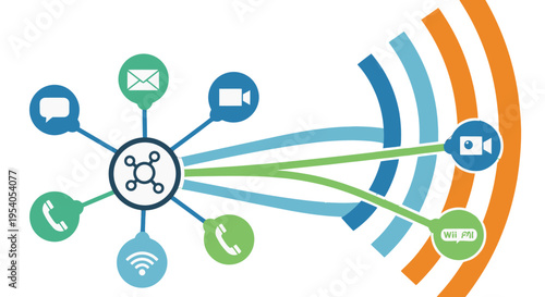 An abstract illustration depicting a central hub connecting various communication methods to a broadcast signal with multiple endpoints.