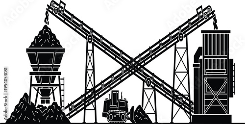 Industrial mining facility illustration with conveyor belts, bulldozer, hopper, and processing plant infrastructure showing material handling, heavy 