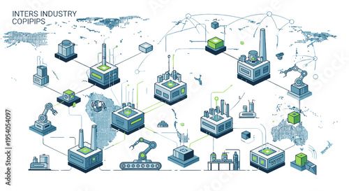 Isometric illustration of a global industrial network with interconnected factories, data centers, and robotic systems on a world map, representing modern industry and communication.