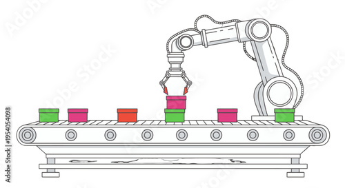 Robotic arm picking up colored boxes on a conveyor belt in an automated factory line, isolated white background.