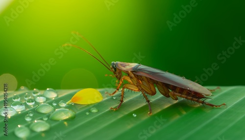 Extreme Macro Close-Up of a Brown Cockroach on a Vibrant Green Leaf With Water Droplets and a Yellow Flower Petal in Soft Sunlit Bokeh Background