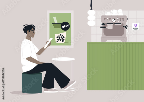 In a charming coffeeshop, a person sits comfortably on a stool, reading the menu with curious eyes while surrounded by soft colors and coffee aromas.