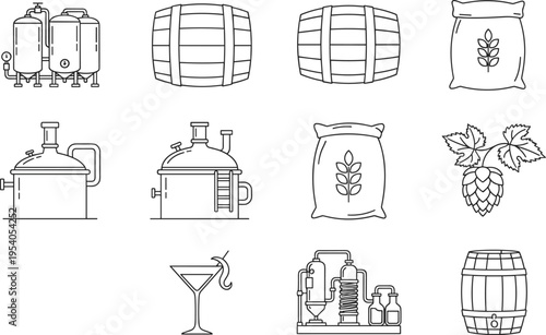 WebLine art illustrations of beer brewing equipment, fermentation tanks, barrels, hops, grains, distillation 