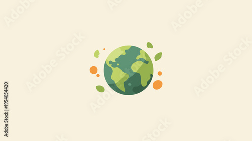A stylized illustration featuring Earth surrounded by leaves and orange circles on a beige backdrop