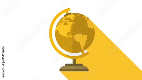 A flat-design illustration of a globe, showcasing continents in a golden hue. Has a long shadow