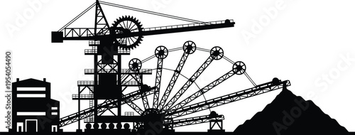 Massive bucket-wheel excavator silhouette in mining industry, heavy machinery engineering design for coal extraction, industrial equipment illustration 