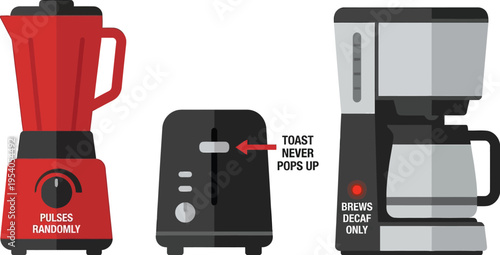 Three malfunctioning kitchen appliances including a blender, toaster, and coffee maker are humorously depicted.