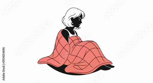 Person silhouette wrapped in cozy blanket, displaying warmth and comfort on minimalist white background. Cozy blanket offers relaxation and security, creating peaceful atmosphere for unwinding.