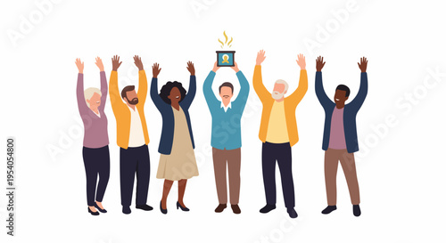 Diverse group enjoys team success, hands raised high in triumph, celebrating accomplishment. Central figure proudly displays shining award, symbolizing collective achievement, true team success.