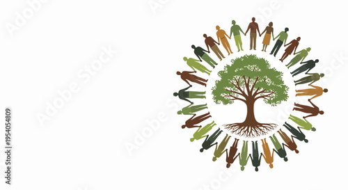 Stylized community tree illustration with diverse people in circle, holding hands around large green tree with strong roots.