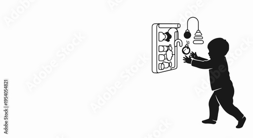 Minimalist baby play board illustration depicting toddler interacting with wall mounted activity toy. Baby play board features various shapes, gears,