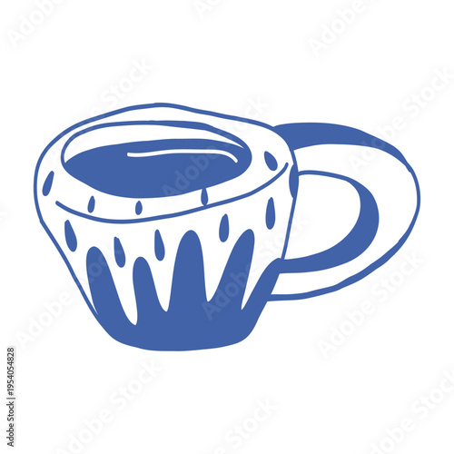 Blue mug with white drip dots on saucer, playful hand-drawn style