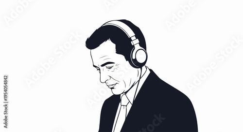 Line art man headphones with focused expression, engrossed in professional audio. Drawing depicts stylish adult wearing classic headset, concentrating on a call or music.