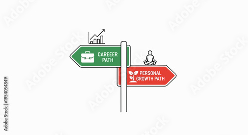Line art illustration of signpost showing crucial life decision options: career success with briefcase, growth chart. Other path highlights personal growth, meditation, peace.