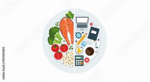 Work life balance plate showing healthy food and office items. Illustrating work life balance with salmon, broccoli, tomatoes, rice, laptop, coffee, calculator. Work life balance for wellness,