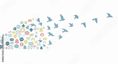 Social media migration with colorful communication icons transforming into flying birds on clear background. Digital social media migration illustrates concept of information flow, freedom,