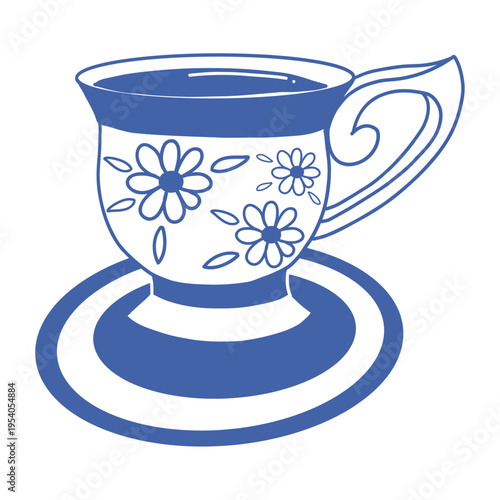Elegant blue teacup with daisy flowers on ruffled saucer, outline