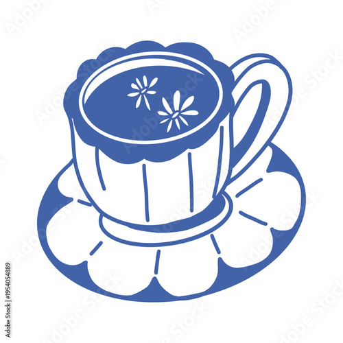 Blue teacup on saucer with floating daisies inside, hand-drawn  style