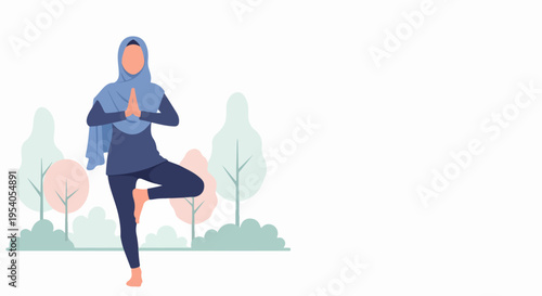 Muslim woman yoga practitioner in tranquil outdoor setting, demonstrating balance and mindfulness. Muslim woman yoga practice promotes well-being and spiritual harmony, embracing healthy lifestyle.