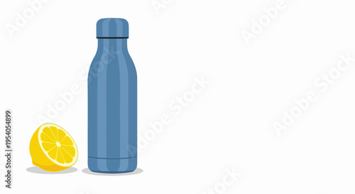 Blue reusable water bottle with refreshing lemon slice on minimalist white background, promoting hydration and sustainable living.