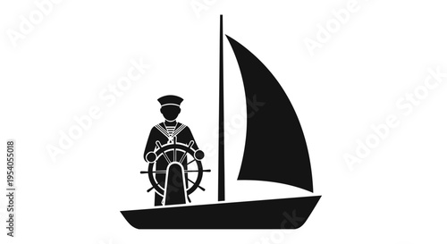 Black silhouette of a sailor steering a sailboat with a large sail and wheel, standing at the helm, against a white background, symbolizing navigation and control.