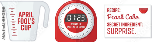 Kitchen implements designed for pranks feature a measuring cup labeled for April Fool's Day and a deceptive recipe card.