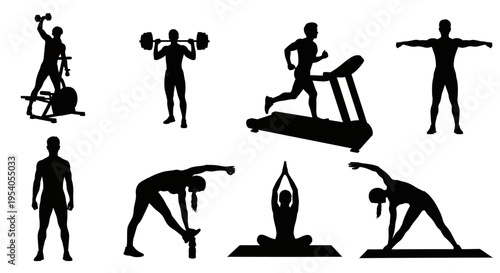 Black silhouettes of people doing various exercises and workouts with dumbbells, on treadmill, stationary bike, and yoga mats in different poses and positions.